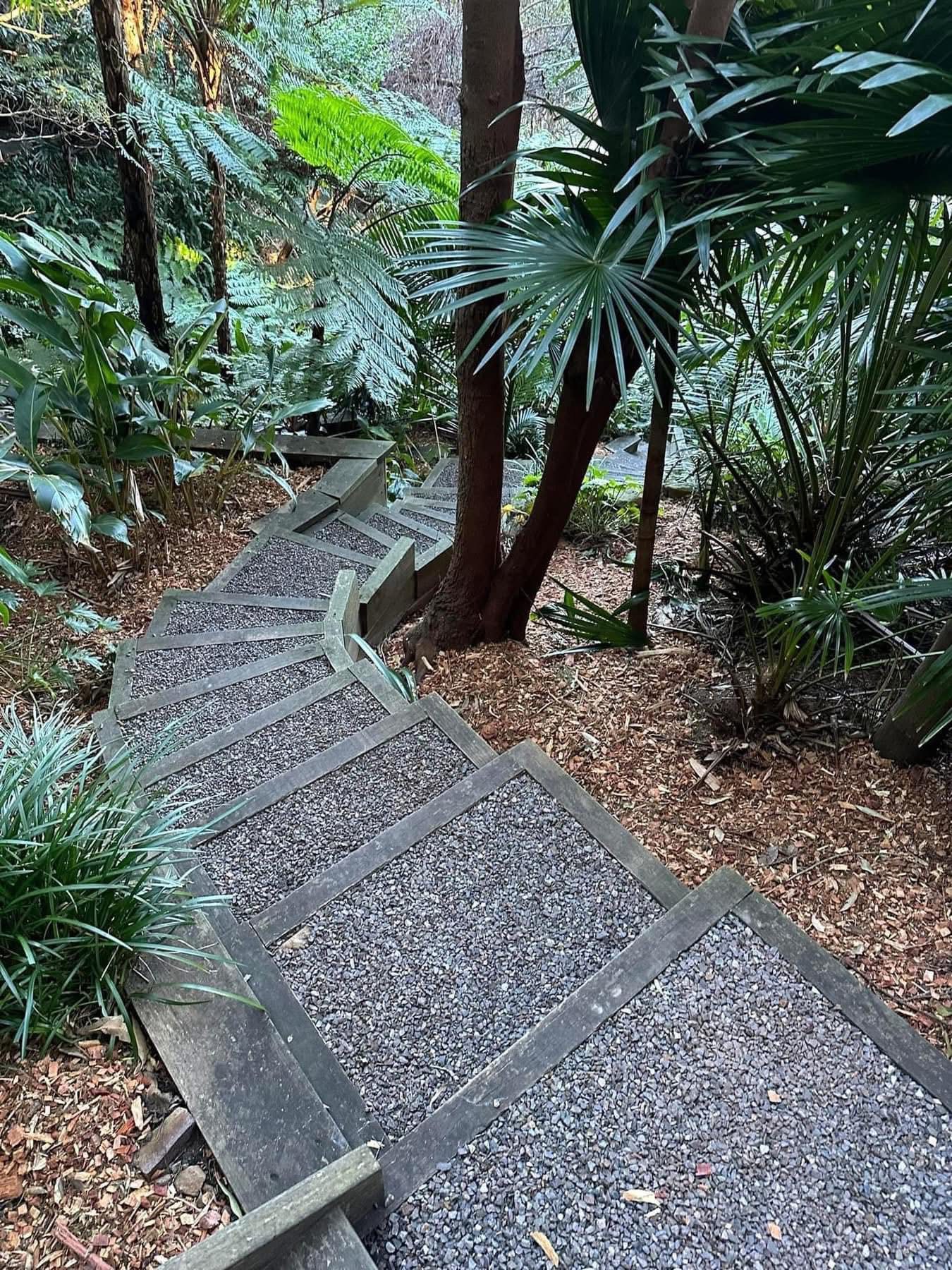 Timber-edged gravel pathway winding through native bush garden — Element Landscaping Waikato
